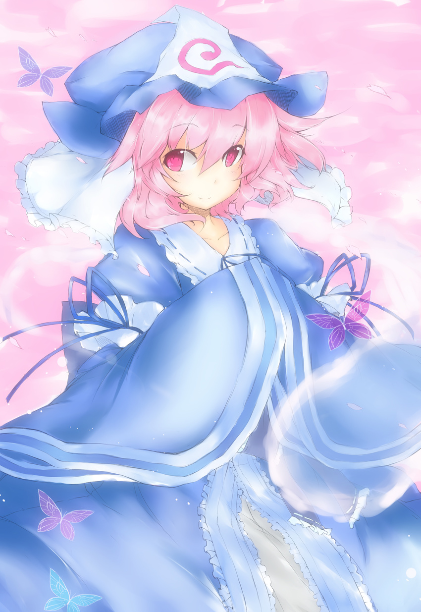 absurdres bug butterfly cherry_blossoms ghost hat highres hitodama insect japanese_clothes mou_tama_maru petals pink_eyes pink_hair saigyouji_yuyuko solo touhou triangular_headpiece