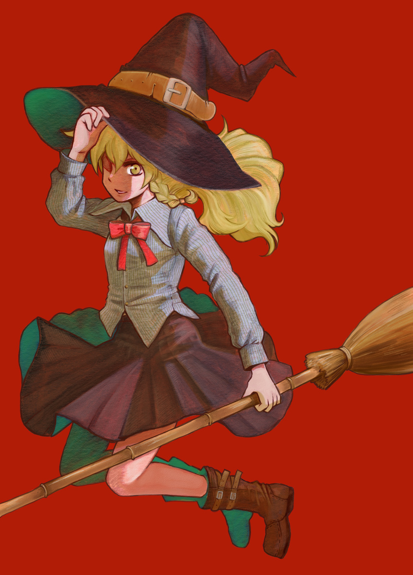 alternate_costume bad_id bad_pixiv_id blonde_hair boots braid broom charin full_body hand_on_headwear hand_up hat highres holding holding_broom kirisame_marisa long_hair red ribbon shaded_face simple_background solo touhou witch_hat yellow_eyes