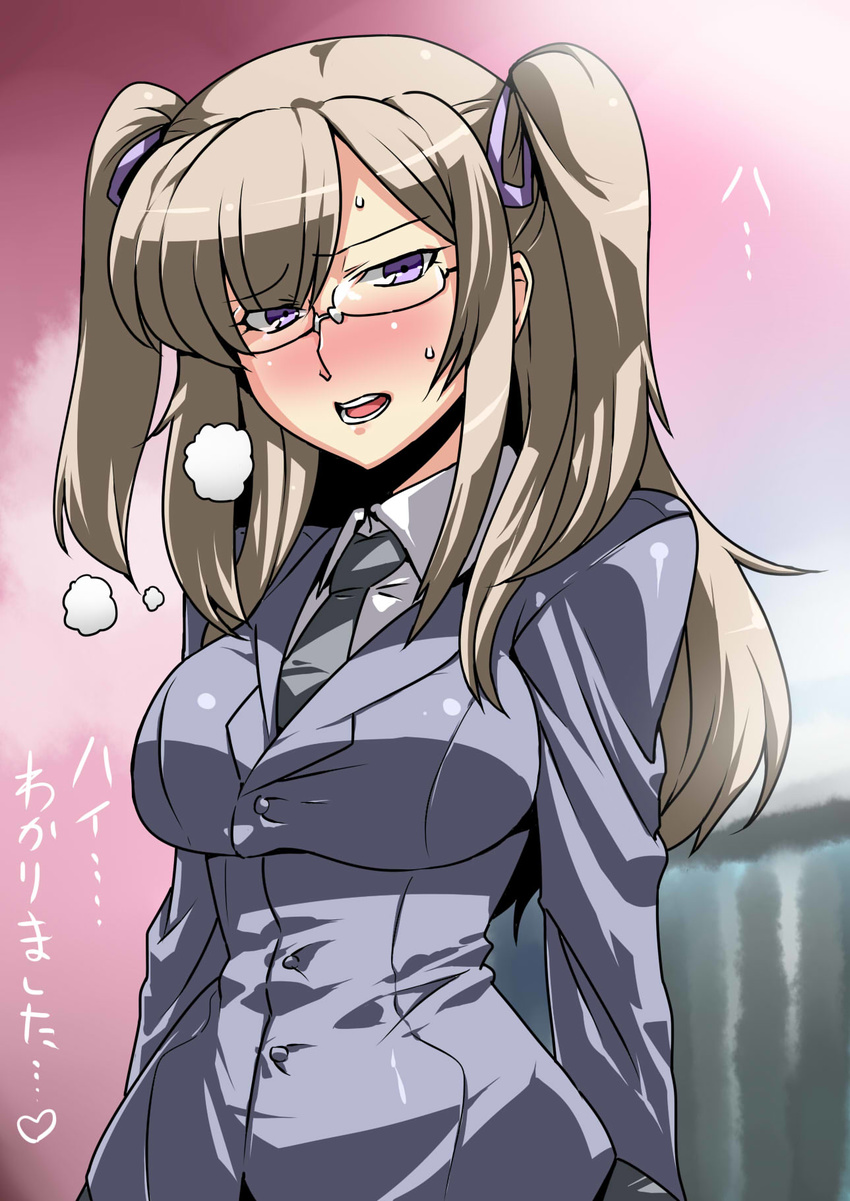 blazer blush breasts breath brown_hair commentary_request fictional_persona glasses hair_ornament hair_ribbon heart highres impossible_clothes jacket large_breasts long_hair necktie open_mouth original ribbon rimless_eyewear school_uniform solo teeth translated tsuki_wani twintails