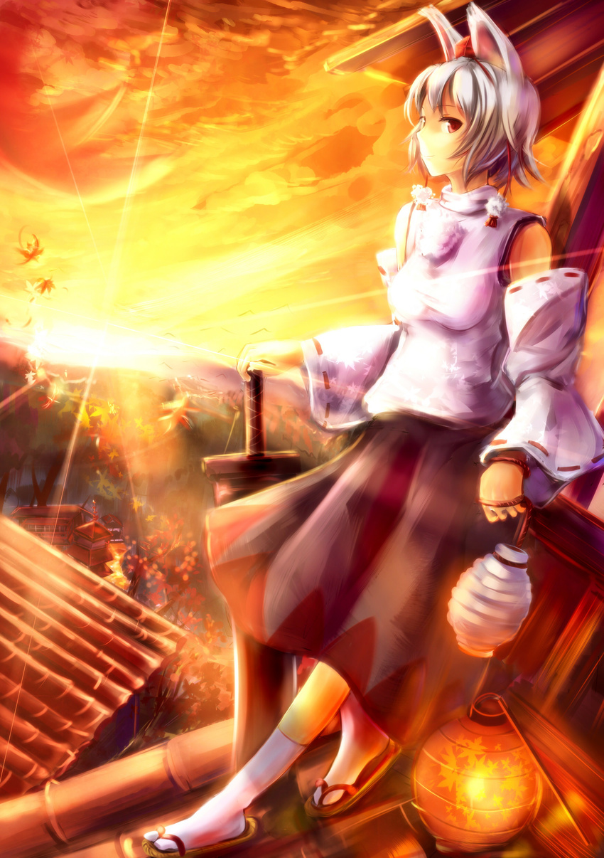 absurdres animal_ears autumn hat highres inubashiri_momiji lantern rooftop sakura_ani sandals solo sunset sword tail tokin_hat touhou weapon wolf_ears wolf_tail