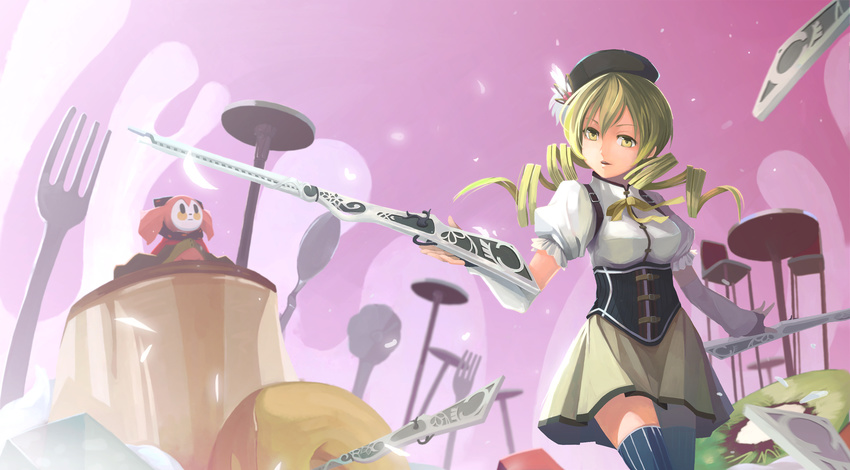 beret blonde_hair breasts brown_legwear chair charlotte_(madoka_magica) cupcake detached_sleeves doughnut drill_hair dual_wielding elrowa fingerless_gloves food fork fruit gloves gun hair_ornament hairpin hat highres holding kiwifruit large_breasts long_hair magical_girl magical_musket mahou_shoujo_madoka_magica open_mouth pleated_skirt puffy_sleeves ribbon rifle skirt spoon striped striped_legwear thighhighs tomoe_mami twin_drills twintails vertical-striped_legwear vertical_stripes weapon witch's_labyrinth yellow_eyes zettai_ryouiki
