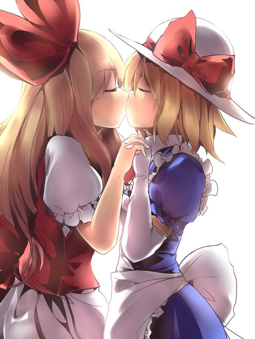 blonde_hair blue_dress bow closed_eyes couple culter dress elbow_gloves ellen gloves hair_bow hat highres holding_hands interlocked_fingers kana_anaberal kiss multiple_girls red_dress touhou touhou_(pc-98) white_gloves yuri