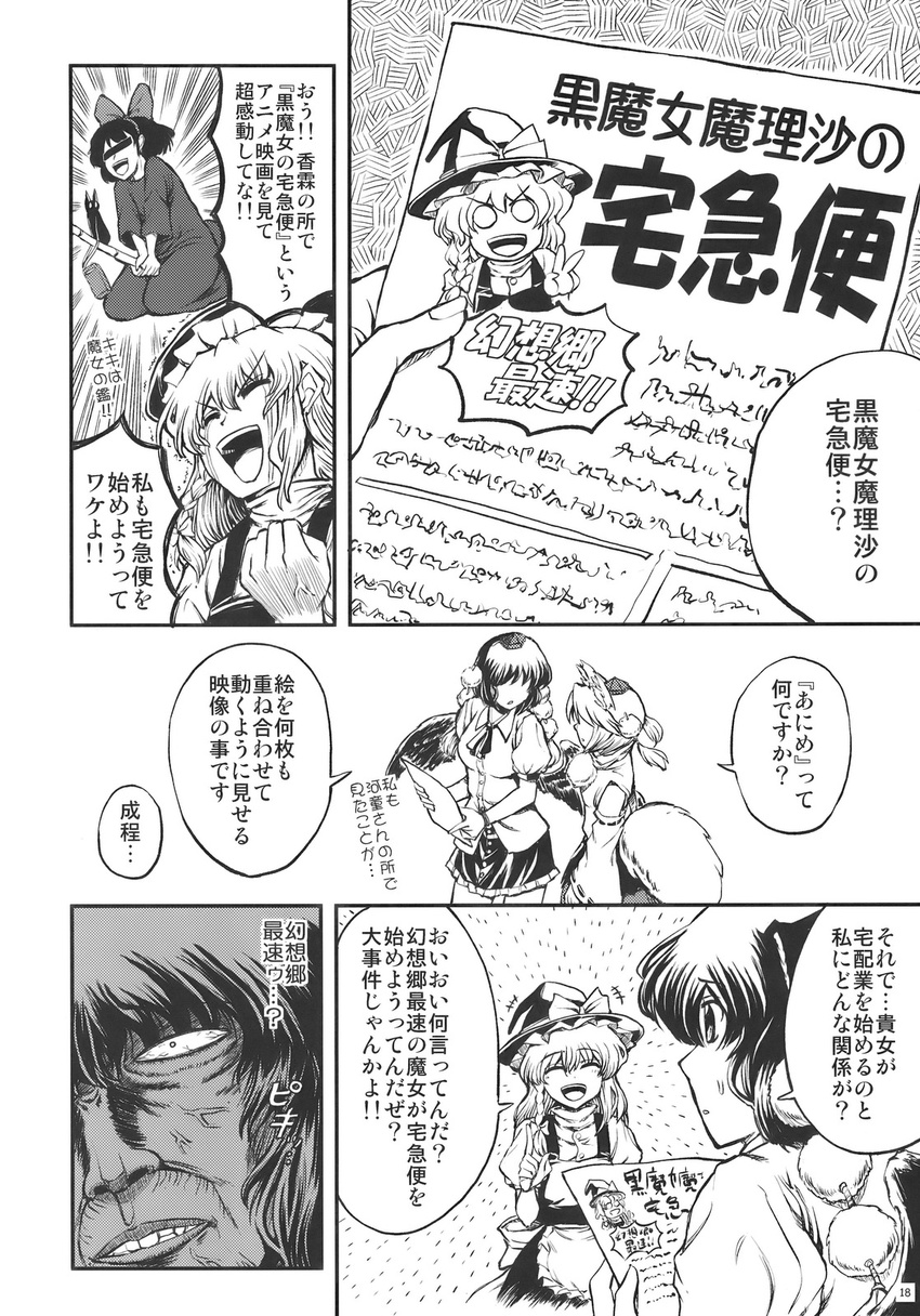 censored comic doujinshi greyscale highres identity_censor inubashiri_momiji kiki kirisame_marisa majo_no_takkyuubin miyamoto_ryuuichi monochrome multiple_girls shameimaru_aya touhou translated