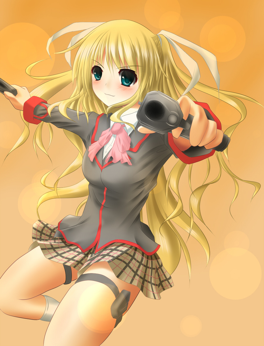 asahi_(ge_nyu) bad_id bad_pixiv_id blonde_hair bow green_eyes gun highres little_busters! long_hair magazine_(weapon) pink_bow pointing pointing_at_viewer school_uniform solo tokido_saya twintails weapon