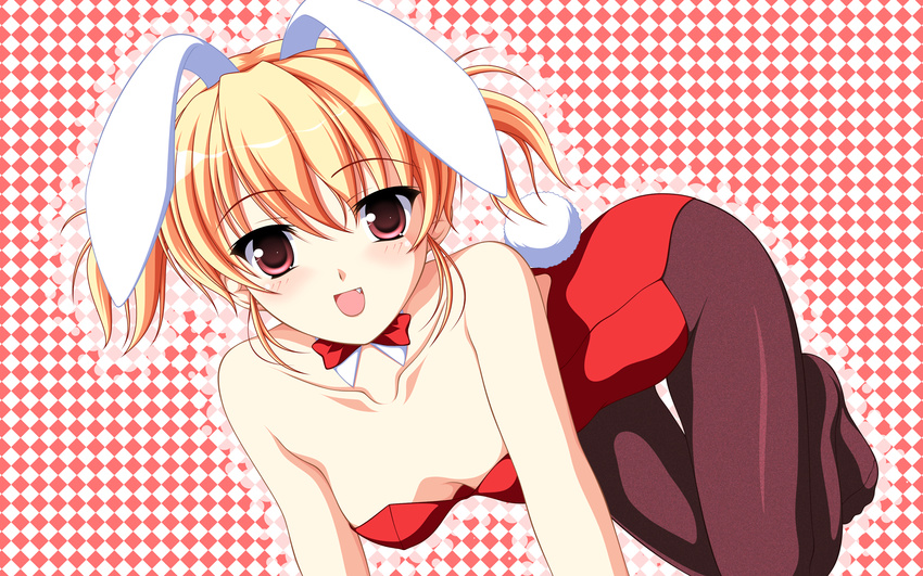 all_fours animal_ears blonde_hair bunny_ears bunny_tail bunnysuit checkered checkered_background fang highres kakesu original pantyhose red_eyes short_hair solo tail twintails wallpaper