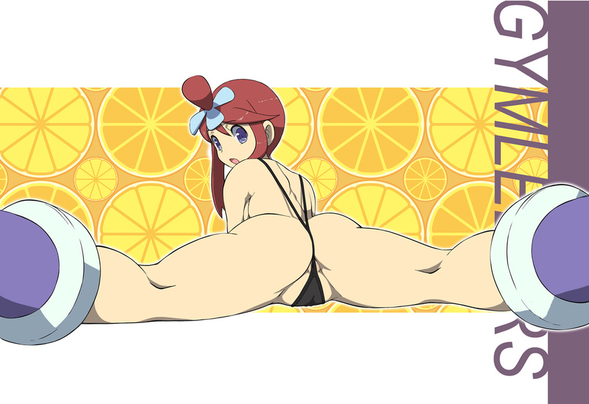 ass bee-j1 bikini blue_eyes boots breasts fuuro_(pokemon) gym_leader hair_ornament large_breasts looking_back lying makoto_daikichi on_stomach open_mouth pokemon pokemon_(game) pokemon_black_and_white pokemon_bw ponytail red_hair side_ponytail spread_legs swimsuit uncensored