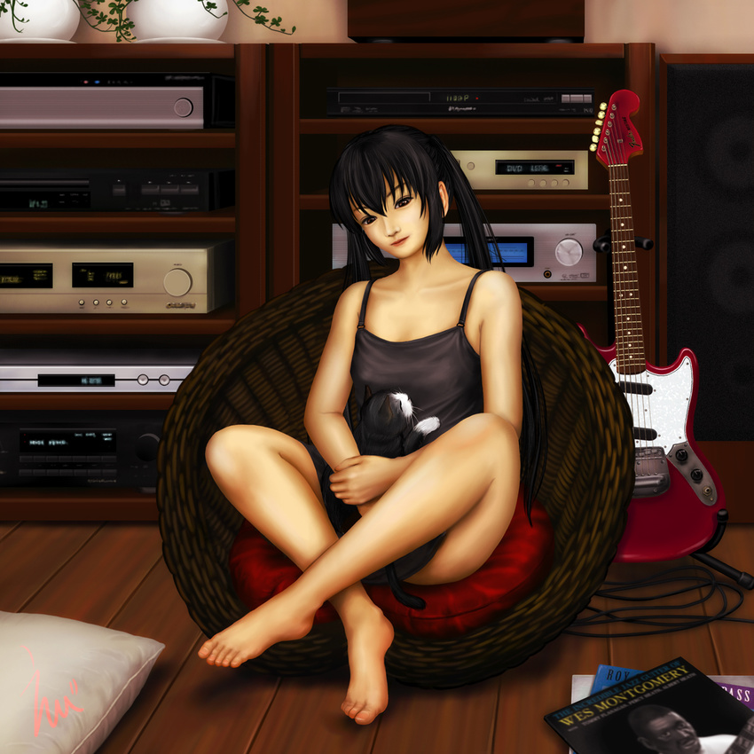 barefoot black_hair brown_eyes cat ebi_(eeotoko) feet flower_pot guitar highres instrument k-on! long_hair nakano_azusa pillow realistic record signature sitting solo sound_system twintails
