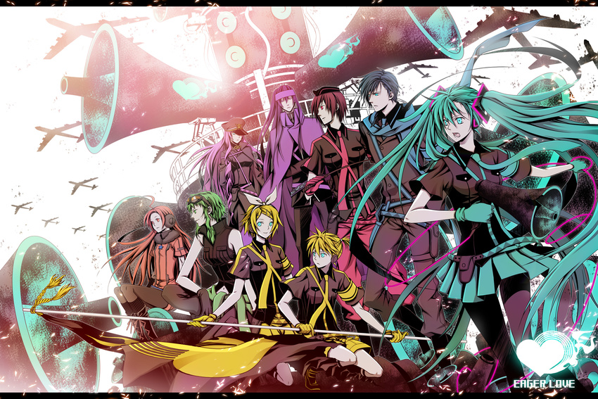 6+girls aircraft airplane bomber green_hair gumi hatsune_miku highres kagamine_len kagamine_rin kaito kamui_gakupo koi_wa_sensou_(vocaloid) long_hair megaphone megurine_luka meiko military military_vehicle multiple_boys multiple_girls sf-a2_miki very_long_hair vocaloid yuuno_(yukioka)