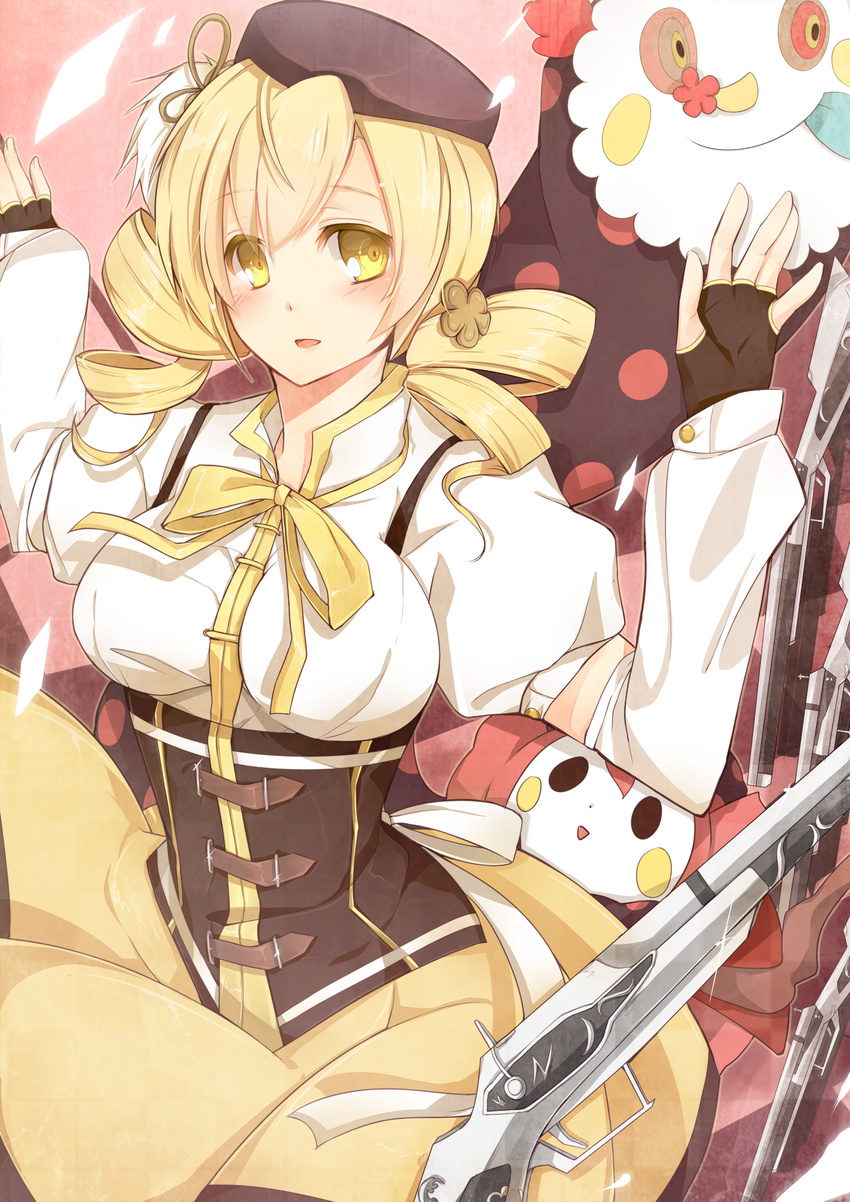 allenkung1 beret blonde_hair breasts charlotte_(madoka_magica) detached_sleeves drill_hair fingerless_gloves gloves gun hair_ornament hairpin hat highres large_breasts magical_girl magical_musket mahou_shoujo_madoka_magica pleated_skirt puffy_sleeves ribbon rifle skirt tomoe_mami twin_drills twintails weapon yellow_eyes