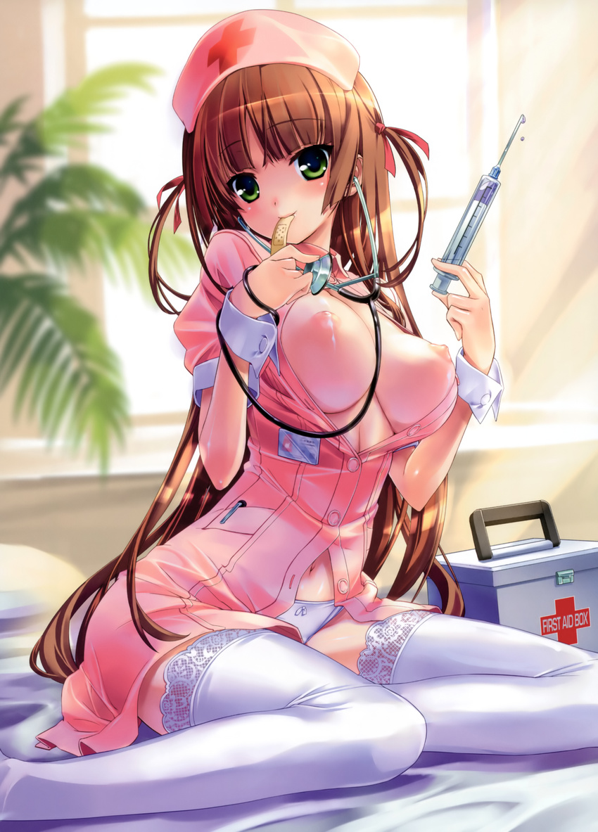 absurdres ashishun bandaid breasts breasts_outside copyright_request first_aid_kit green_eyes hair_ribbon highres hime_cut lace lace-trimmed_thighhighs large_breasts long_hair milk navel nipples no_bra no_pants nurse open_clothes open_shirt panties puffy_nipples ribbon seductive_smile shiny shiny_skin shirt sitting smile solo stethoscope syringe thighhighs underwear white_legwear wrist_cuffs yokozuwari