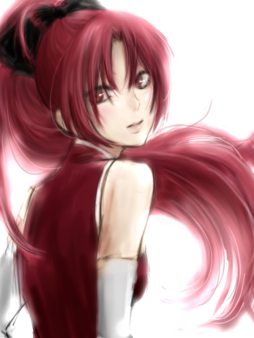 bad_id bad_pixiv_id bare_shoulders detached_sleeves eyelashes face from_behind highres lips long_hair looking_back mahou_shoujo_madoka_magica ponytail red_eyes red_hair ririko_deluxe sakura_kyouko simple_background solo