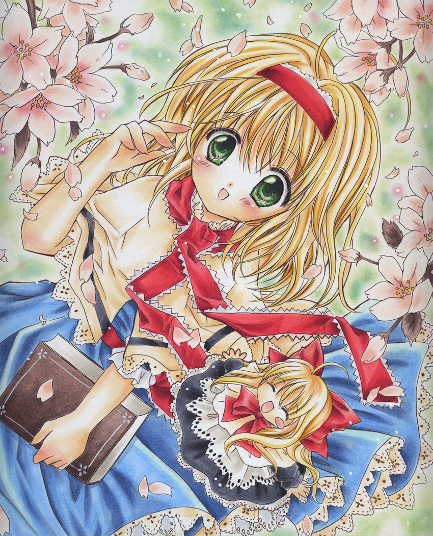 alice_margatroid bad_id bad_pixiv_id blonde_hair blush_stickers book cherry_blossoms closed_eyes frills green_eyes hairband highres long_hair open_mouth shanghai_doll short_hair shoukichi smile solo touhou traditional_media