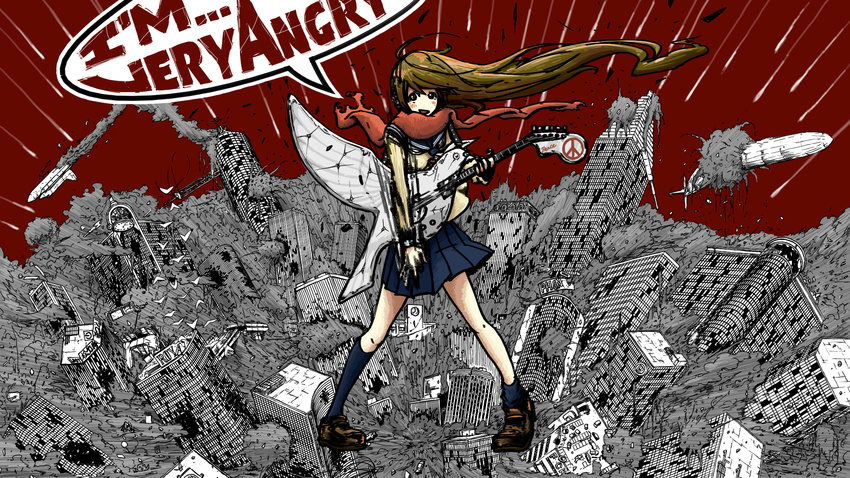 a.hebmuller aircraft bad_id bad_pixiv_id brown_eyes brown_hair building cardigan city dirigible english explosion guitar highres instrument kneehighs loafers long_hair original peace_symbol scarf school_uniform serafuku shoes skirt skyscraper solo space_craft space_shuttle zeppelin