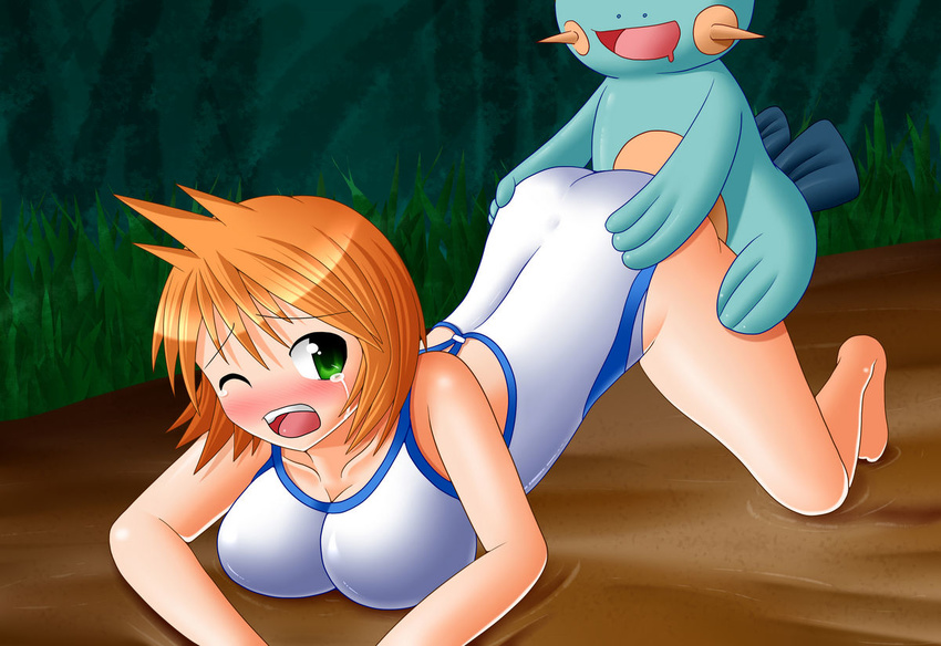 1girl all_fours barefoot bestiality blush breasts cleavage covering doggystyle feet green_eyes gym_leader kasumi_(pokemon) kneeling marshtomp orange_hair pokemon pokephilia sex short_hair swimsuit tears top-down_bottom-up vaginal wink
