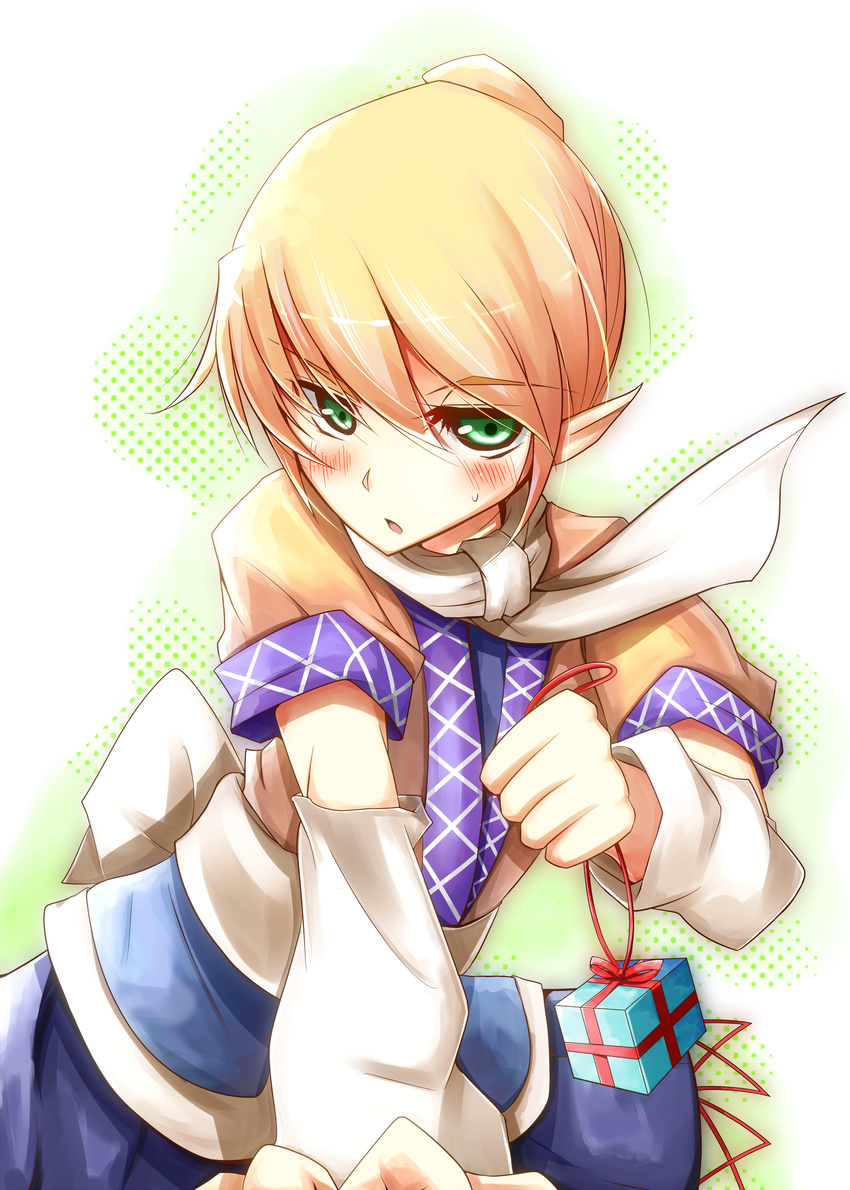 absurdres alternate_hairstyle blonde_hair blush box detached_sleeves gift gift_box green_eyes highres mizuhashi_parsee open_mouth pointy_ears ribbon scarf shirt solo soramuko touhou