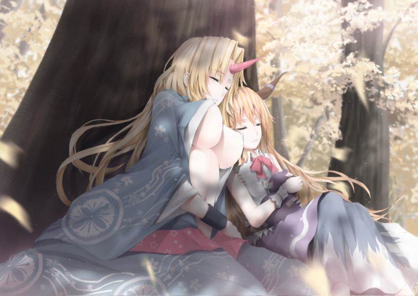 against_tree blonde_hair bow bowtie breasts cleavage closed_eyes covered_nipples gourd horn horns hoshiguma_yuugi hoshiguma_yuugi_(promo) ibuki_suika japanese_clothes kimono large_breasts long_hair multiple_girls navel no_bra oni open_clothes open_kimono orange_hair perky_breasts shirt sleeping sleeveless sleeveless_shirt tamamono_atae touhou tree