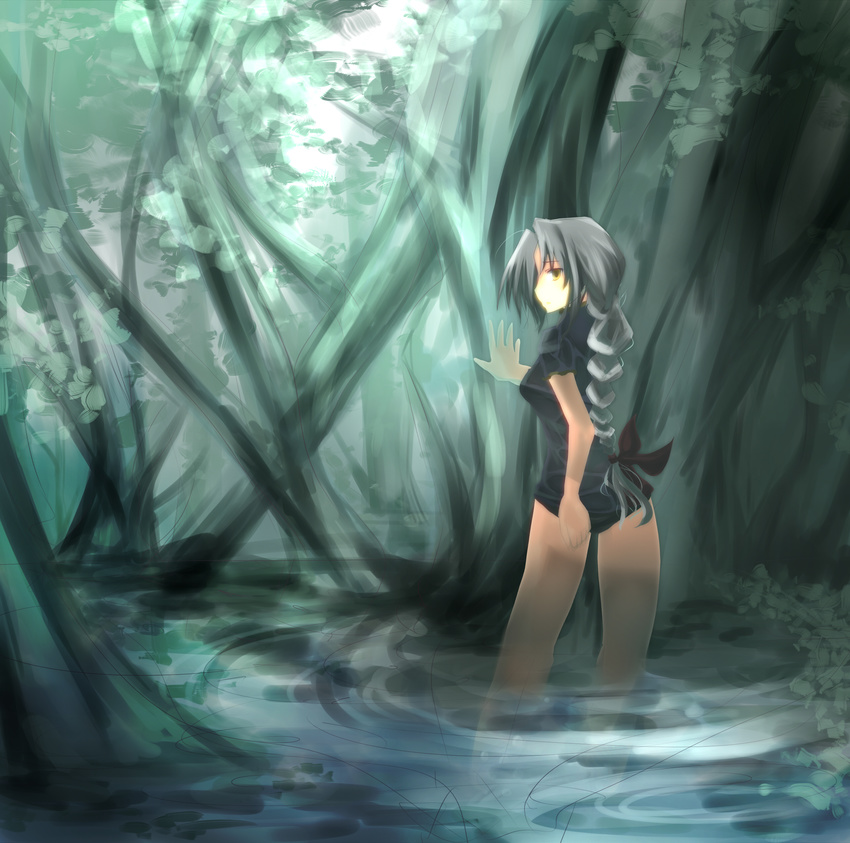 absurdres bottomless braid e-co forest highres long_hair nature no_hat no_headwear no_pants panties silver_hair single_braid solo touhou tree underwear wading water yagokoro_eirin yellow_eyes