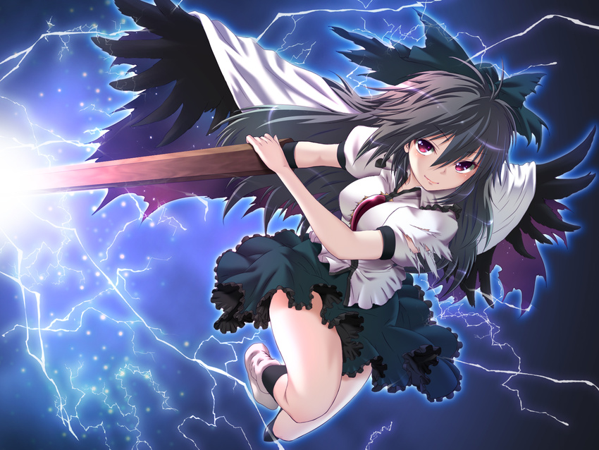 arm_cannon black_wings bow brown_hair cape chikado colorized electricity hair_bow highres lightning long_hair md5_mismatch nakajou purple_eyes red_eyes reiuji_utsuho shirt skirt smile solo third_eye torn_clothes torn_shirt touhou weapon wings