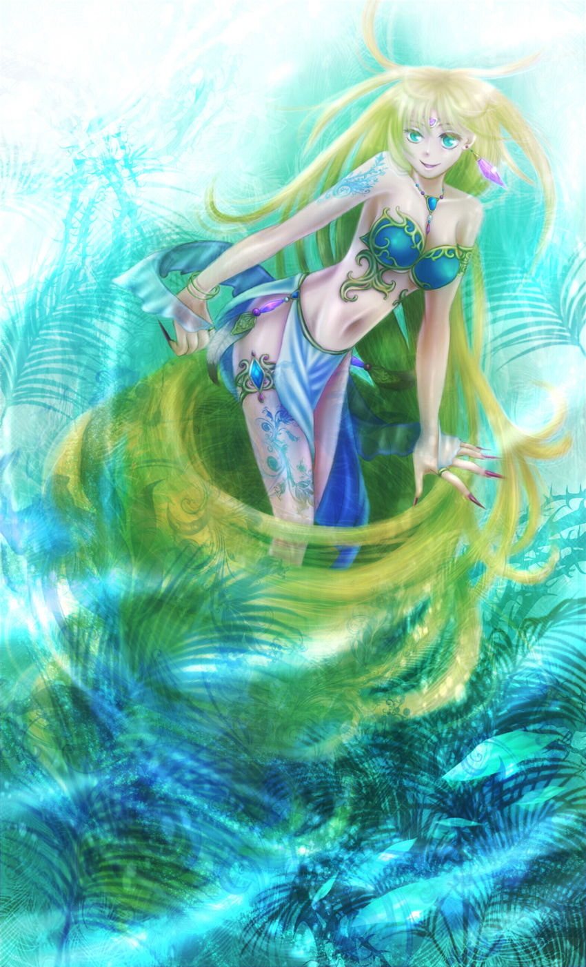 absurdres barbariccia blonde_hair bracelet breasts earrings female final_fantasy final_fantasy_iv fingernails green_eyes highres jewelry loincloth long_fingernails long_hair midriff nail_polish necklace pasties plant solo tattoo tiara tommy_(95_tamaki_1207) tommy_(pixiv1656335) very_long_hair