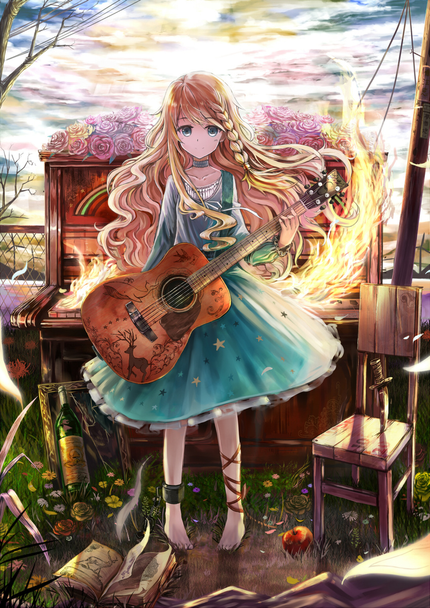 acoustic_guitar akabane_(zebrasmise) alcohol ankle_cuffs ankle_lace-up apple barefoot blonde_hair blue_eyes braid chair choker collarbone cross-laced_footwear dagger dress fire flower food fruit guitar highres instrument light_smile long_hair original piano pigeon-toed revision side_braid solo star star_print wavy_hair weapon wine