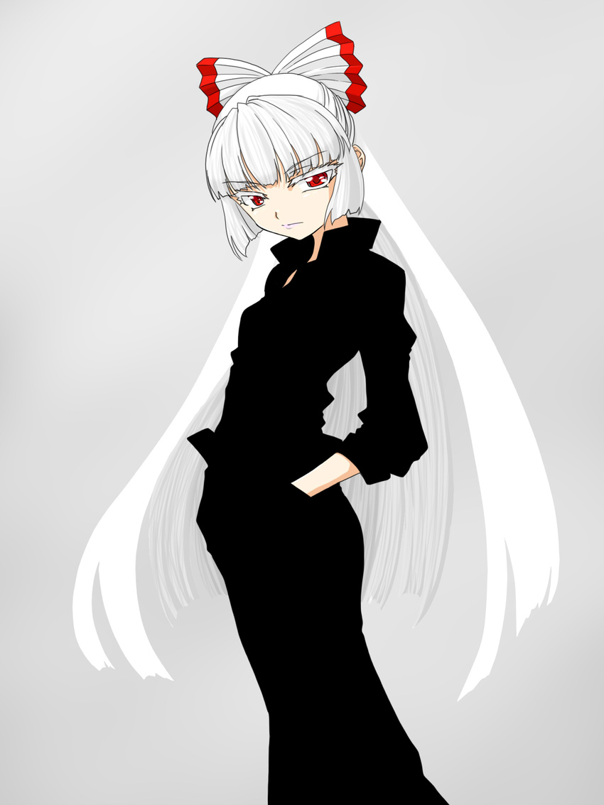 alternate_costume atmp1009 bow colored_eyelashes dress_shirt fujiwara_no_mokou hair_bow hand_in_pocket highres hime_cut long_hair red_eyes shirt simple_background solo touhou very_long_hair white_hair