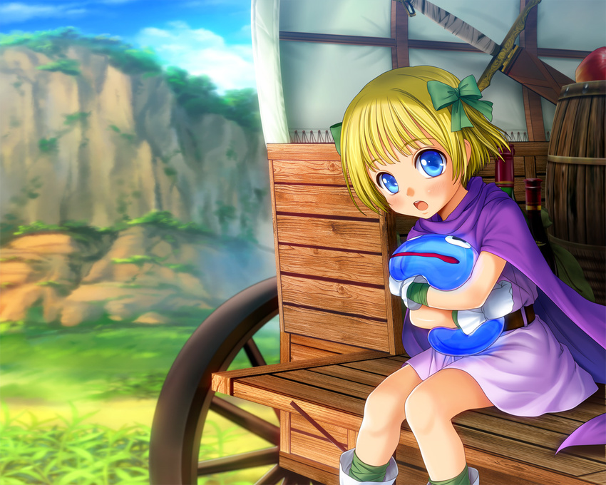 :o apple bandages barrel belt bianca's_daughter blonde_hair blue_eyes blurry blush boots bottle bow cape child cloud crossed_arms day depth_of_field dragon_quest dragon_quest_v dress food fruit gloves grass ground_vehicle hair_bow hug hug_from_behind looking_at_viewer mountain mutsuki_(moonknives) nature open_mouth outdoors profile sheath sheathed short_dress short_hair sitting sky slime_(dragon_quest) surprised sword wagon weapon wheel wood