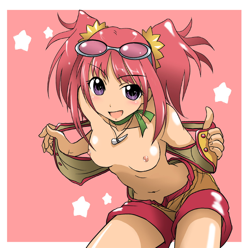 breasts dinosaur_king glasses highres kakkii medium_breasts open_clothes open_shirt pink_hair purple_eyes shirt solo tatsuno_malm twintails