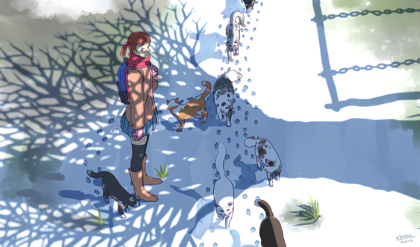 bad_id bad_pixiv_id bag bare_tree blue_eyes cat day efmoe error from_above gloves hair_bobbles hair_ornament original outdoors paw_print red_hair scarf shade short_hair short_twintails signature snow solo sunlight too_many too_many_cats tree tree_shade twintails winter winter_clothes