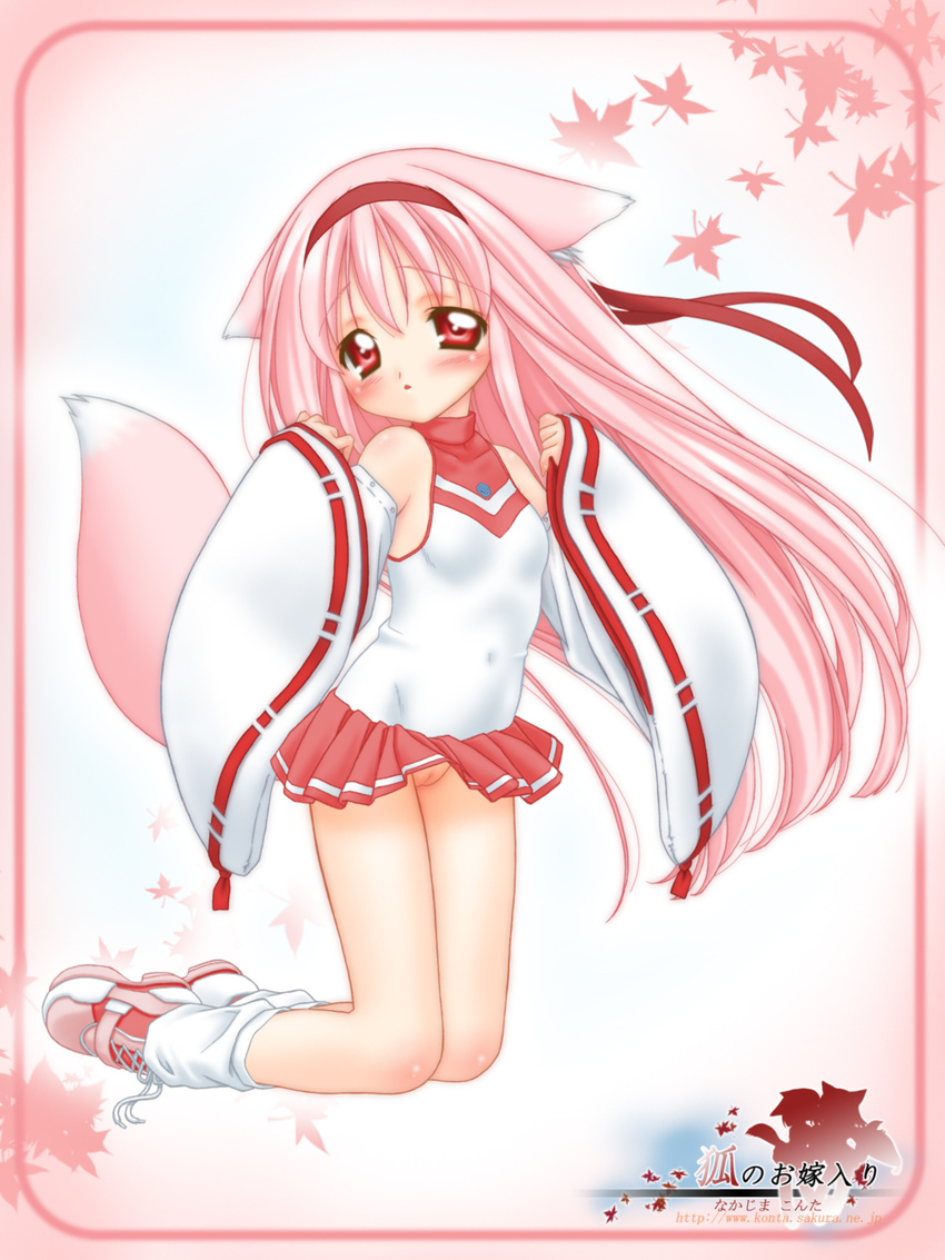 adapted_uniform animal_ears cheerleader fox_ears fox_tail highres long_hair momoyuki_(snow_fox) nakajima_konta no_panties nontraditional_miko pink_hair pussy red_eyes snow_fox solo tail