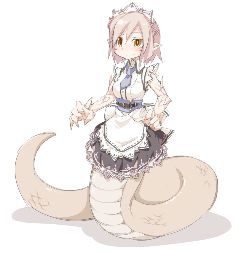 belt blonde_hair blush frfr lamia maid monster_girl naga necktie pointy_ears scales smile snake tail tie yellow_eyes