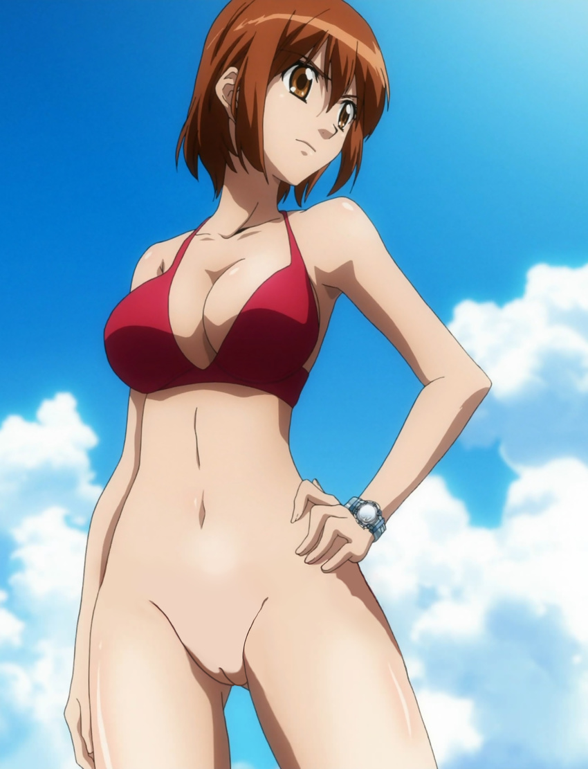 angry asobi_ni_iku_yo! bikini bottomless brown_eyes brown_hair cleavage hand_on_hip kinjou_manami looking_left mizugi oppai red_bikini uncensored vagina wristwatch