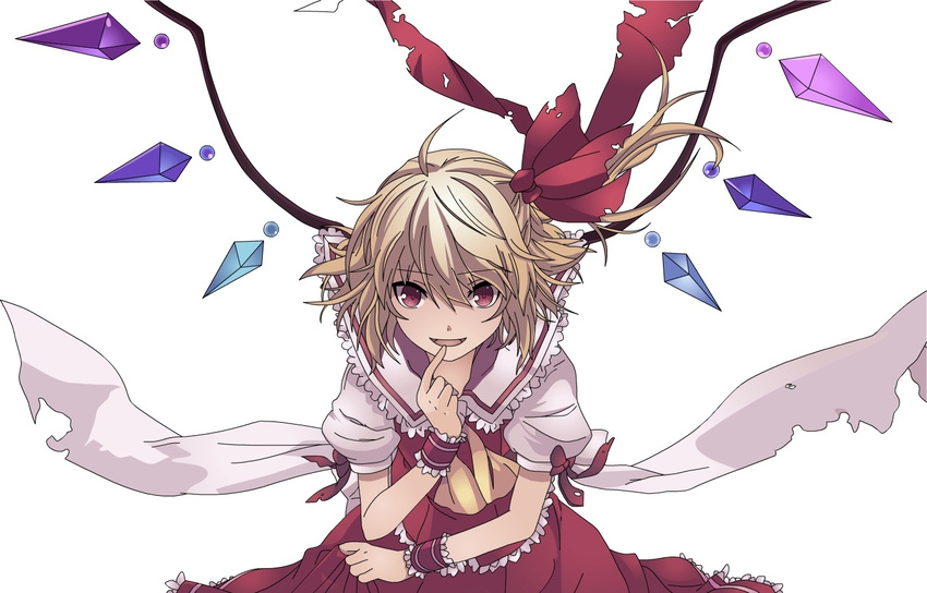 ascot blonde_hair dress flandre_scarlet frills hair_ribbon long_hair no_pupils red_dress red_eyes ribbon side_ponytail simple_background smile solo source_request torn_clothes touhou vector_trace white_background wings