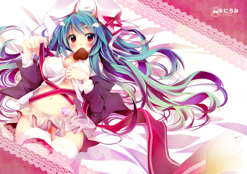 animal_ears bad_id bad_pixiv_id blush box breasts bunny_ears chocolate chocolate_heart cleavage gift gift_box green_hair heart hiiragi_mashiro lying medium_breasts midriff on_back open_clothes open_shirt red_eyes reisen_udongein_inaba ribbon shirt solo thighhighs touhou underboob upskirt valentine white_legwear