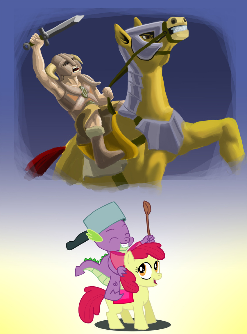 applebloom_(mlp) bow cub cute dragon duo equine female feral friendship_is_magic horse male mammal my_little_pony pony riding scalie spike_(mlp) unknown_artist viking young