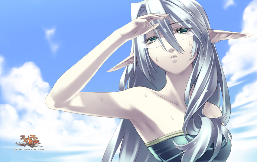2010 agarest_senki agarest_senki_(series) armpits cloud company_name copyright_name day game_cg glasses green_eyes highres hirano_katsuyuki long_hair long_pointy_ears official_art pale_skin pointy_ears shading_eyes sharona_(agarest_senki) silver_hair sky solo sweat swimsuit