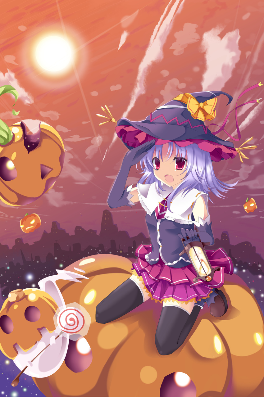 black_thighhighs blue_hair city cloud elbow_gloves ghost gloves halloween hat jack-o'-lantern kneeling lantern nibikuro open_mouth pumpkin purple_eyes shoes sky sunset tagme thighhighs witch witch_hat