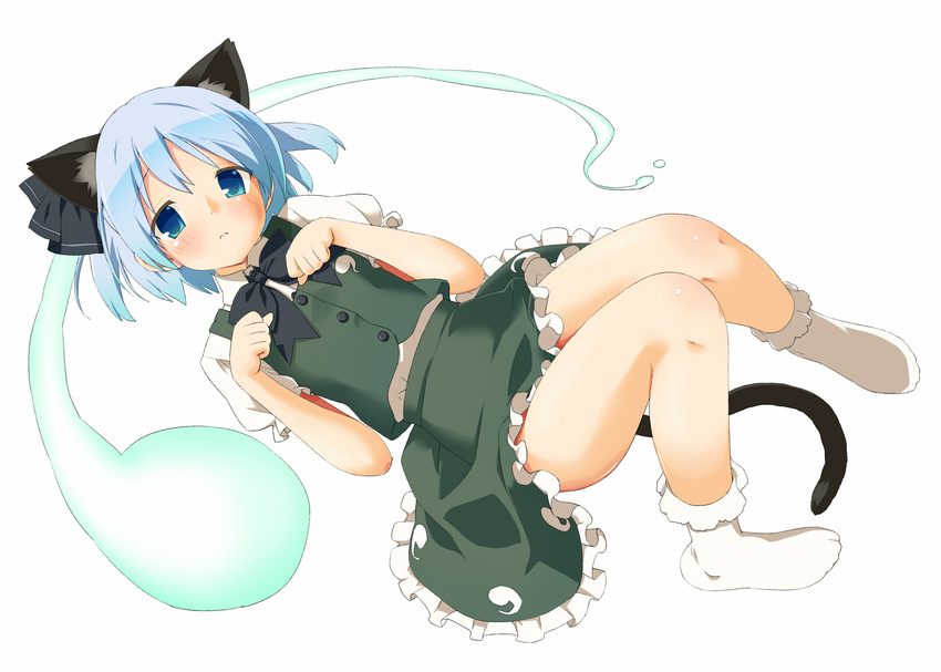 animal_ears bad_id bad_pixiv_id bare_legs blue_eyes blush bobby_socks bow bowtie cat_ears cat_tail colorized dress_shirt ghost highres hitodama hujikok kemonomimi_mode konpaku_youmu konpaku_youmu_(ghost) legs lying on_back paw_pose peko shirt short_hair silver_hair simple_background skirt socks solo tail touhou vest white_legwear