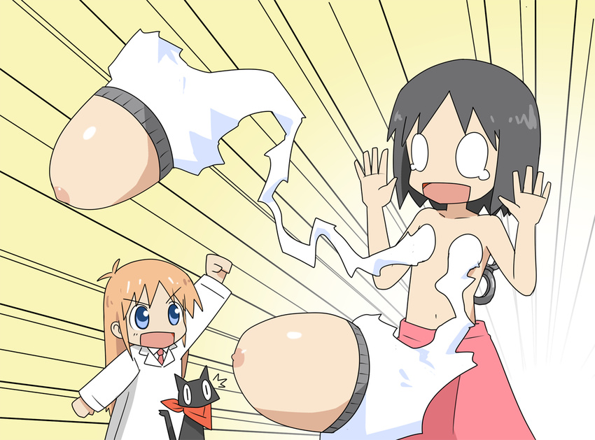 bad_id bad_pixiv_id black_cat black_hair blonde_hair blue_eyes breasts cat labcoat long_hair medium_breasts miri_q missile multiple_girls necktie nichijou open_mouth professor_shinonome sakamoto_(nichijou) scarf shinonome_nano short_hair topless winding_key