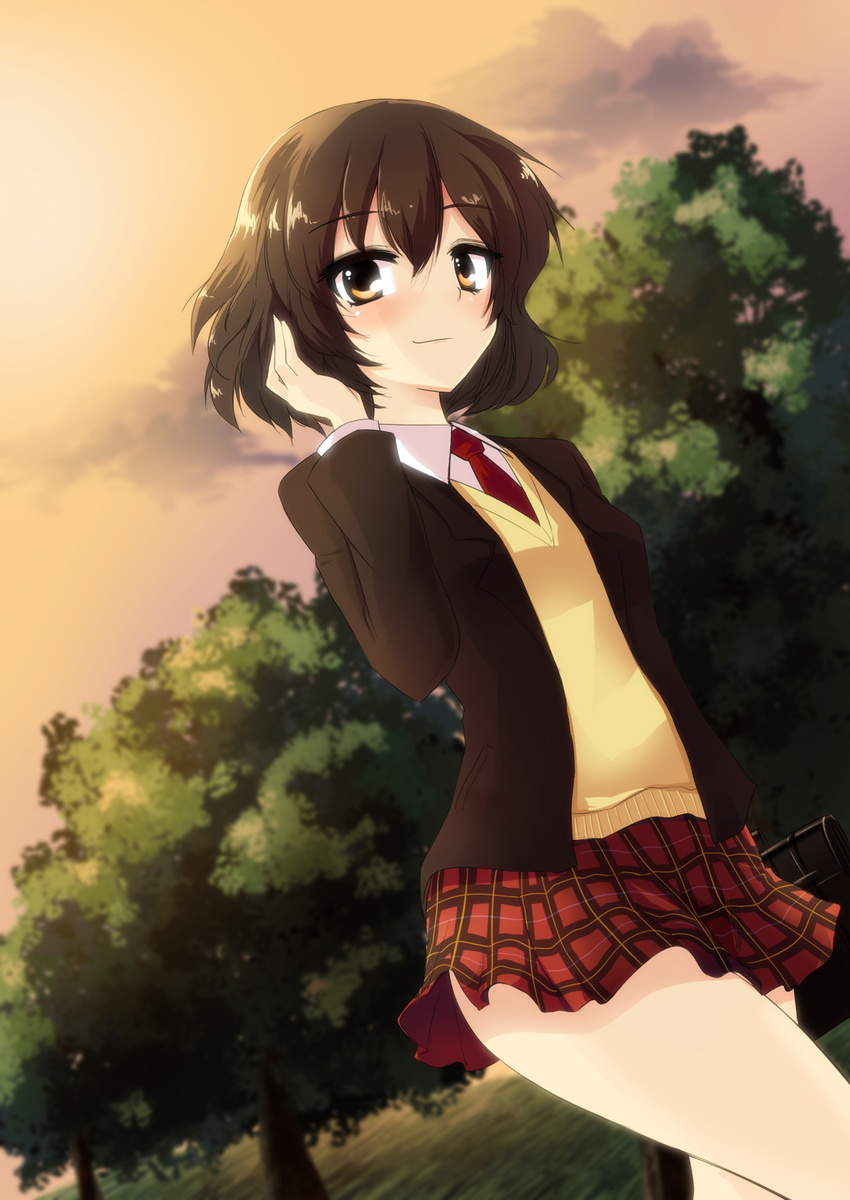 brown_eyes brown_hair chipa_(arutana) dutch_angle face hand_in_hair highres looking_at_viewer necktie plaid plaid_skirt sasaki_(suzumiya_haruhi) school_uniform short_hair skirt smile smirk solo suzumiya_haruhi_no_yuuutsu thighs