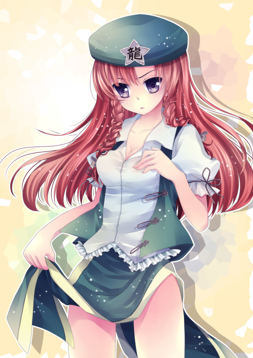 absurdres bad_id bad_pixiv_id braid breasts cleavage dress_shirt highres hong_meiling long_hair medium_breasts mikazuki_sara open_clothes open_vest purple_eyes red_hair shirt side_slit skirt skirt_lift solo touhou twin_braids vest