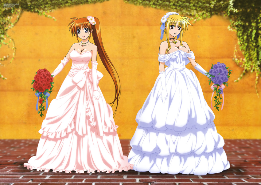 absurdres bardiche blonde_hair blue_eyes breasts bridge brown_hair cleavage dress elbow_gloves fate_testarossa flower gloves headdress highres large_breasts lipstick long_hair lyrical_nanoha mahou_shoujo_lyrical_nanoha_strikers makeup multiple_girls non-web_source nyantype official_art okuda_yasuhiro pink_dress pink_gloves pink_lips pink_wedding_dress ponytail purple_eyes raising_heart red_eyes red_lips side_ponytail sidelocks smile takamachi_nanoha very_long_hair wedding_dress white_dress white_gloves