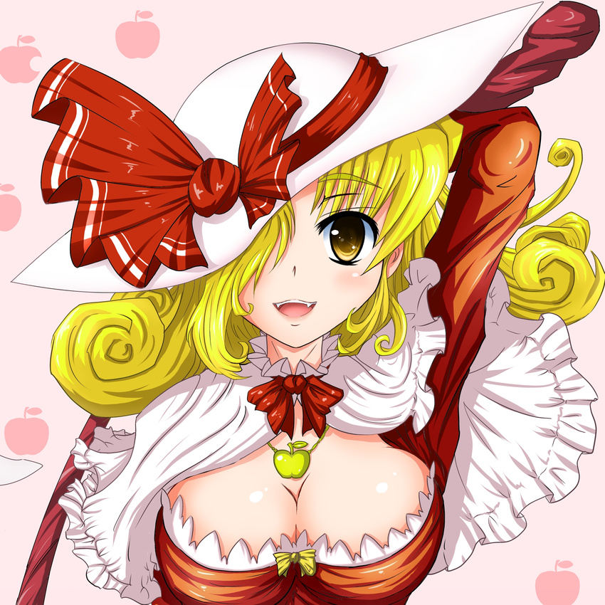 apple blonde_hair blush bow breasts cleavage elly food fruit hat highres jewelry kado large_breasts necklace open_mouth solo touhou touhou_(pc-98) yellow_eyes