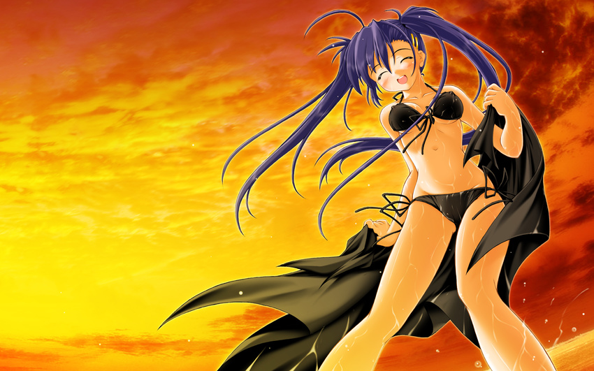 akimoto_dai bikini blue_eyes breasts covered_nipples duplicate highres long_hair original purple_hair see-through side-tie_bikini small_breasts solo sunset swimsuit twintails wallpaper wet