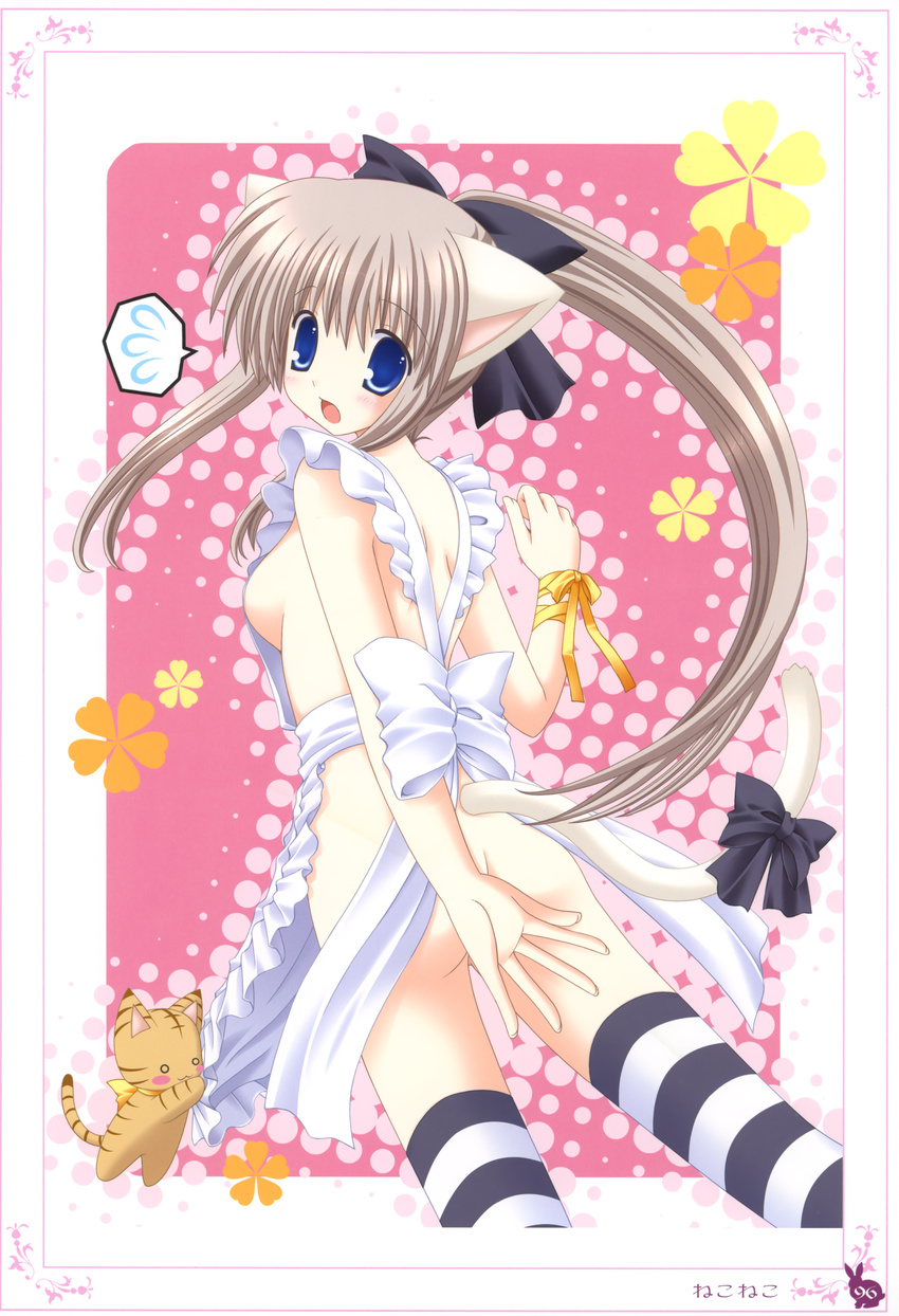 absurdres animal_ears apron ass black_legwear blue_eyes brown_hair cat cat_ears copyright_request d: highres naked_apron nekoneko nude open_mouth ponytail ribbon speech_bubble striped striped_legwear sweatdrop tail tail_ribbon thighhighs tiger_stripes white_legwear