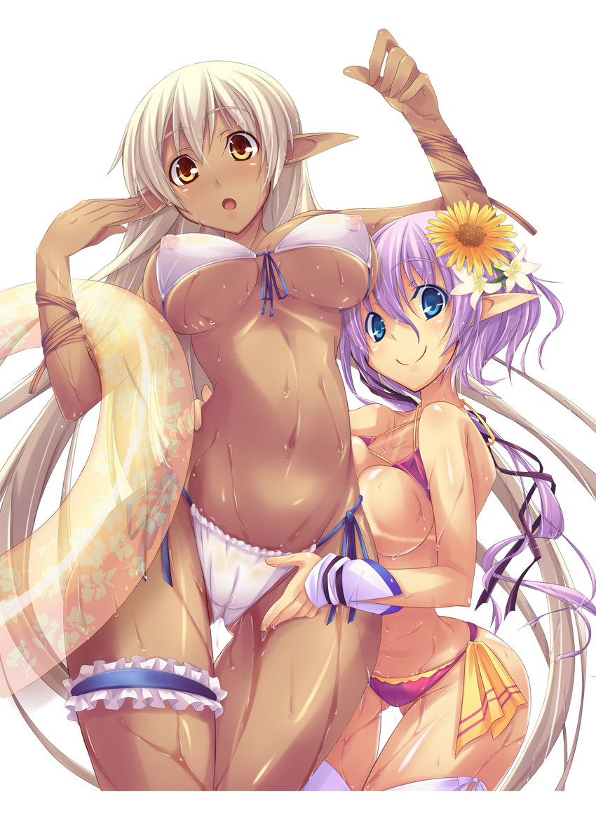 2girls bikini blue_eyes blush breast_press breasts cameltoe cleavage confused curvaceous dark_skin elf erect_nipples flower garter happy large_breasts mizugi nipples oppai purple_bikini purple_hair see_through shimakaze shitapai silver_bikini smile sweat wet white_hair wide_hips yellow_eyes yuri