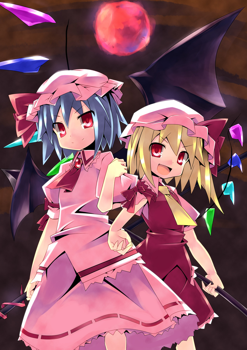 &gt;:) :d absurdres flandre_scarlet full_moon hat highres locked_arms looking_at_viewer moon multiple_girls open_mouth rando_seru red_moon remilia_scarlet short_hair siblings sisters smile touhou v-shaped_eyebrows