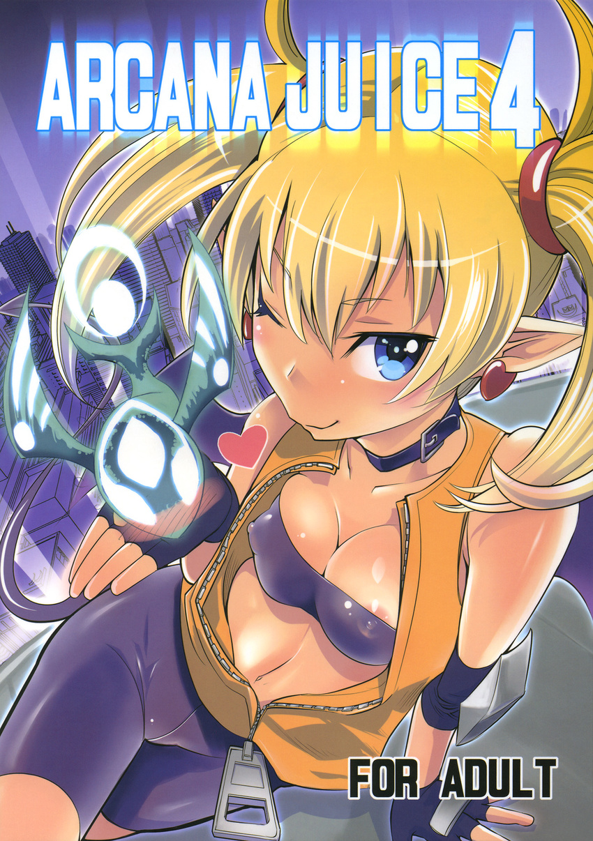 arcana_heart areolae bandeau bare_shoulders blonde_hair blue_eyes breasts buckle choker cleavage cover covered_nipples earrings fingerless_gloves gloves heart highres jewelry lilica_felchenerow medium_breasts midriff one_eye_closed pointy_ears smile solo strapless takashi_moritaka tubetop twintails unzipped