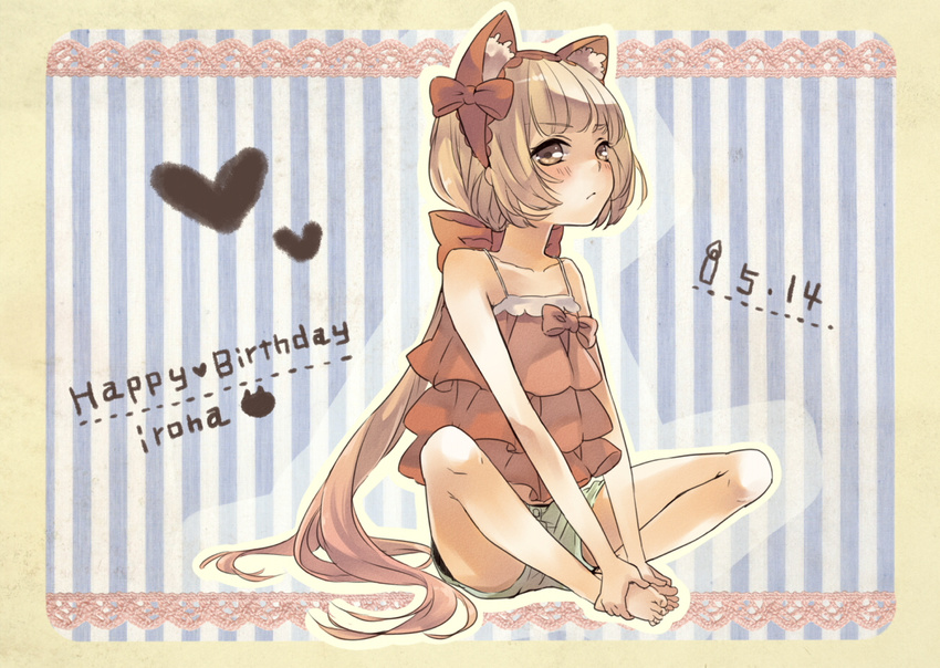 animal_ears bad_id bad_pixiv_id bare_shoulders barefoot blonde_hair blush booota bow butterfly_sitting camisole cat_ears feet hair_bow hands_on_feet happy_birthday long_hair nekomura_iroha ponytail shorts sitting solo very_long_hair vocaloid yellow_eyes