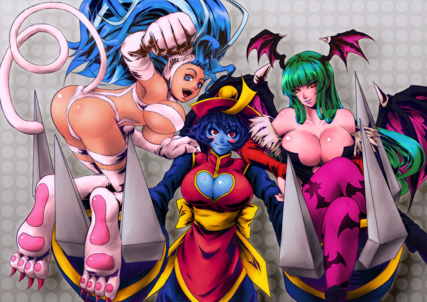 animal_print armpits ass bare_shoulders bat_print bat_wings big_hair blue_eyes blue_hair blue_skin blush_stickers boots breasts carrying cat_tail chinese_clothes claws cleavage cleavage_cutout crossed_legs demon_girl elbow_gloves fangs felicia fingerless_gloves fur gloves green_hair grin hat head_wings huge_breasts jiangshi lei_lei long_hair marvel_vs._capcom marvel_vs._capcom_3 morrigan_aensland multiple_girls ofuda open_mouth pant-3 pantyhose paws print_legwear red_eyes short_hair sitting smile succubus tail vampire_(game) wings yellow_eyes