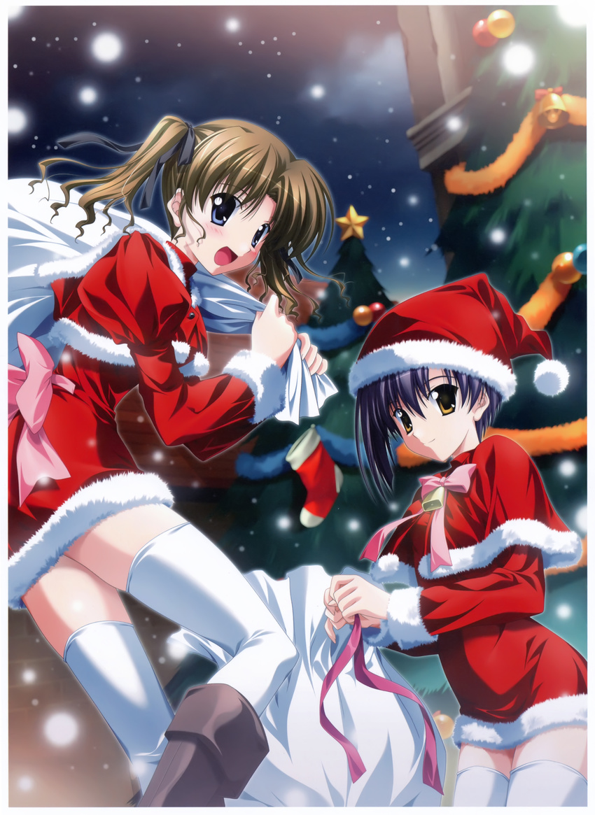 absurdres blue_eyes boots brown_hair christmas christmas_tree ef hair_ribbon hat hayama_mizuki highres knee_boots multiple_girls nanao_naru purple_hair ribbon sack santa_costume santa_hat shindou_kei short_hair thighhighs twintails white_legwear yellow_eyes zettai_ryouiki